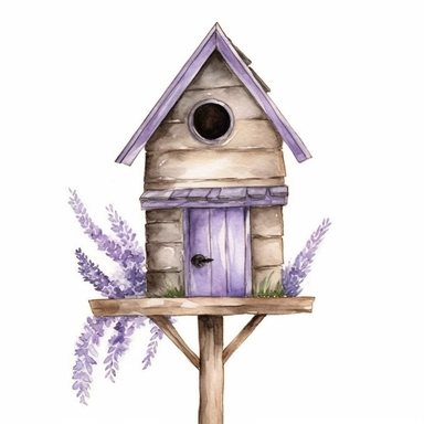 Clipart, lavenderaround wooden bird house, watercolor, whimsical, enchanting, nostalgic, minimalistic