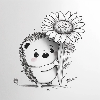 Happy cute cartoon hedgehog hugs a flower, white background, anime style, incredibly detailed , thick outline , Create a sketch of a black and white  Cute and adorable cartoon it , fantasy, dreamlike, surrealism, super cute, trending on artstation design,