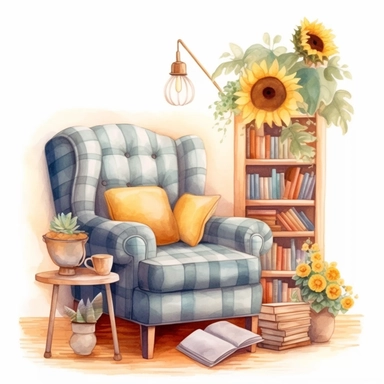 pastel watercolor clipart, cozy reading nook with a plush armchair, bookshelves, and a warm reading lamp, sunflowers, light aesthetic, detailed, UHD, 8K, 3D, solid white background