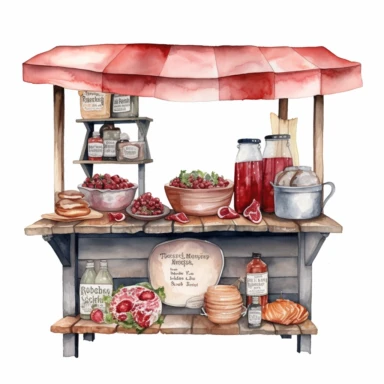 hand drawn ROADSIDE STAND WITH STRAWBERRY JAM AND COUNTRY HAM leg , very detailed and realistic , watercolor, white background with margins, clipart style