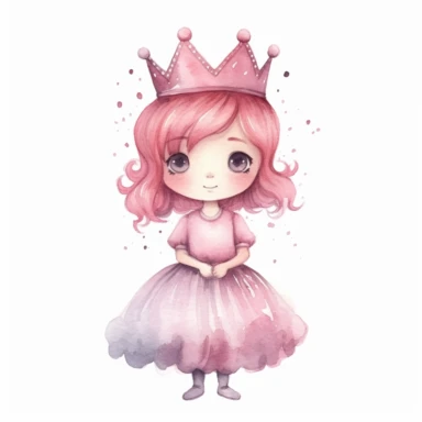 watercolor little princess clipart, pink tone colors, big eyes, smiling, lovely, adorable, wearing crown, holding a lovely heart, full body, on white background
