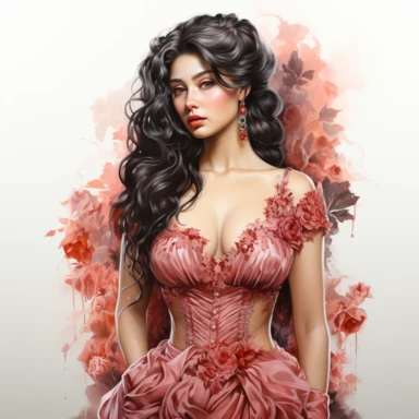 Design a watercolor clipart of a Victorian lady in a coral pink velvet gown, featuring ornate lace sleeves and a flowing silhouette, showcased in her full-body length. Her regal posture and enchanting gaze exude the charm of Victorian fashion. Clipart, watercolor, white background, intricate detail, hyper realistic, unreal engine cinematic smooth.