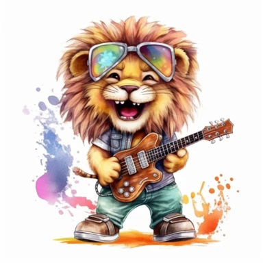 cute Lion character wearing rock music clothes and music element with happy face,front facing on isolated background,with happy face and expression,Animal Sublimation Clipart,no splash watercolor,white background, ultra detailed clipart, cut out image, colorful watercolor realistic, cartoon style, ultra HD, sharp and clean art