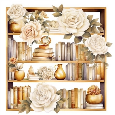 watercolor, white background, clipart, watercolor, white background, ultra-realistic and hyper-detailed clipart beautiful bookshelves with white roses, white and rich gold hues