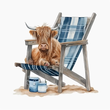 Highland Cow in a deck chair, Watercolor, Clipart, Farm Animal, clipart, white background