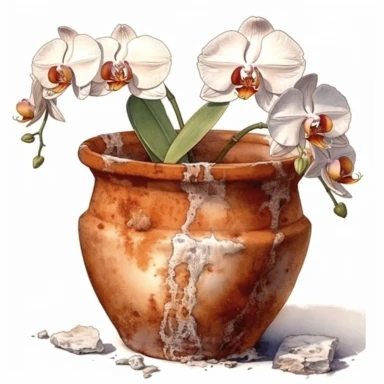 Realistic watercolor white orchids, vintage terracotta pot with acetabulum, mat, isolated white background, clipart, hd quality