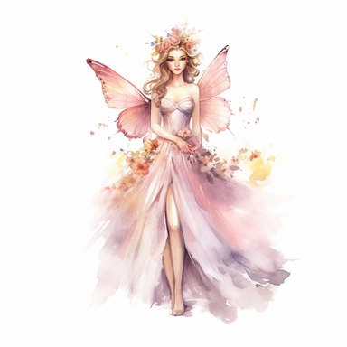 a fairytale style overrealistic beautiful fairy princess with watercolor effect,full body,fairy crown,magical scene,fairy flowers,fairy colors,suitable for digital clipart,white background