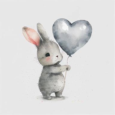 aquarell clipart, a gray little bunny, holding a heart shaped balloon, on a white background