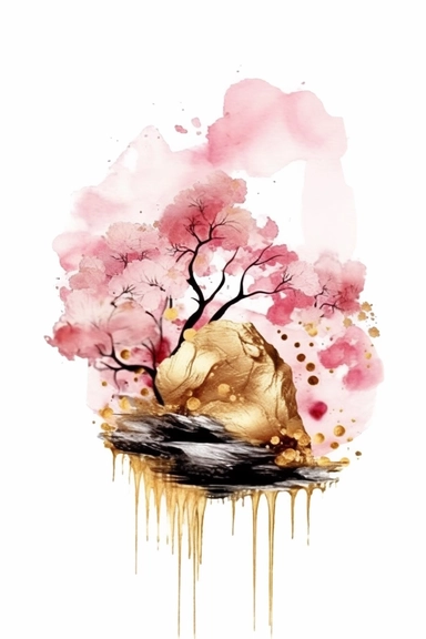 beautiful gorgeous alcohol ink of gold serene nature scene with a central focus on a pink tiger , minimalist style, crystals, glam, glossy, glitter texture, liquid ink clipart, modern and stylish design, bright colors, 300 dpi, clear decoration, clear white background, highly detailed digital art, 8k