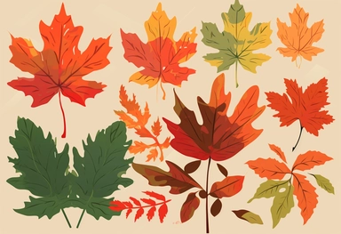 autumn leaves, tree, maple leaves, autumn clip art, autumn, stock image, in the style of flat illustrations, detailed background elements, 3840x2160, 20th century scandinavian style, nature morte, red and green, whimsical cartoon-style
