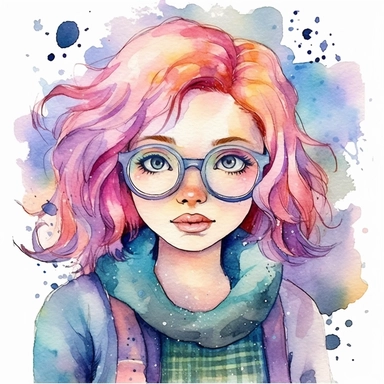 watercolour clipart of a girl with pink or purple hair , green eyes, with glasses, she is the catalyst for her group shared common dreams, binding the girls together. She is direct, occasionally sharp-tongued, and highly empathetic. With a heart full of compassion, she never hesitates to lend a helping hand to anyone in need. She`s dedication to their craft is unparalleled, make her smiling, exalted mood, white background, 8k, f1