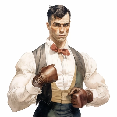 A beautifully illustrated victorian pulp fiction male fighter in varying hues ,wearing boxing gloves and muscular, muscles, octane render, hyperrealistic, stunningly handsome, refined and sophisticated, Hand drawn, invoke the artsyle of roberto ferri and brian foud ,realistic watercolor, Clipart, watercolor, white background, intricate detail