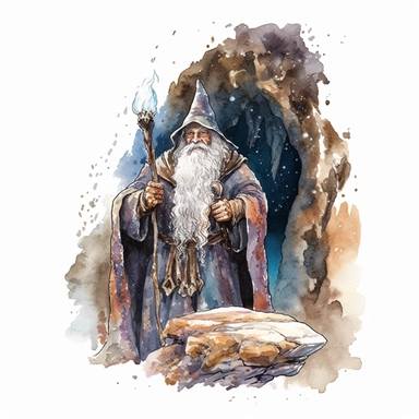 watercolor realistic detailed magic wizard in thee cave clipart, white background, no text
