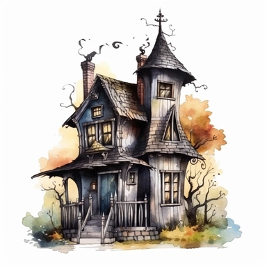 watercolor witch house, vintage style witch house, super high quality, professional watercolor clipart, high resolution, clip art, animals on the sides