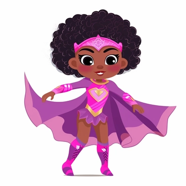 a happy little toddler black GIRL superhero, in action, in pink and purple, flowing cape, with bun hairstyle, smiling, flat style clipart, white background
