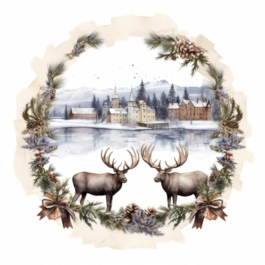 vintage design, advent wreath around, christmas theme with moose oil paining Clipart Collection in beautiful winter landscape with a lot of snow and a small lake and a small town with church, advent wreath around, christmas theme, detailed, isolated, white background, one pattern
