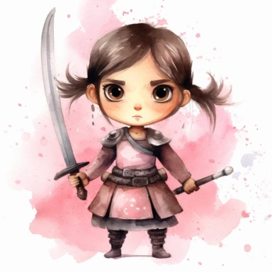 Clipart of a cute little girl brave warrior. She is brunette, braid hair, with black big eyes. The background is simple watercolour. Cute and modern knight outfit. full body. pink and black. Fighting pose