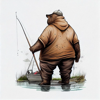 funny big sish going to lake camping fishing big bear, CLIPART, watercolor, ink, ultra-detailed, cartoon style, white background, black outside lines –testp,