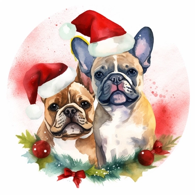small clipart about french bulldogs celebrating christmas watercolour style