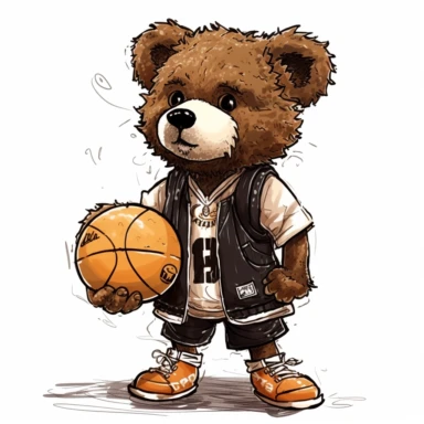clipart, curly teddy bear dressed in a basketball uniform with a basketball in his hand, basketball, Beige, black-brown, tanned color, very detailed, white background, basketball style, van gogh style, maximalism, Painted By Akari Toriyama, luxury, lakers basketball team