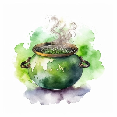 picturesque scene, watercolor and ink style, witches cauldron with green vapor and poison cloud, clipart on plain white background, Halloween vibes, super scary cute in high detail ultra precision 16k HD, clean crisp brushwork, painted by Beatrix Potter