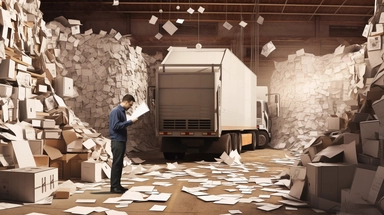 a truck driver checks into a digital tablet on a warehouse dock, dirty stacks of paper litter the floor on the wall behind him, clipart and cutout photos collage combined with vector illustrations
