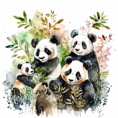 WATERCOLOR CLIPART FAMILY OF PANDAS CUTE PLAYING FOOLING AROUND IN THE NATURAL HABITAT