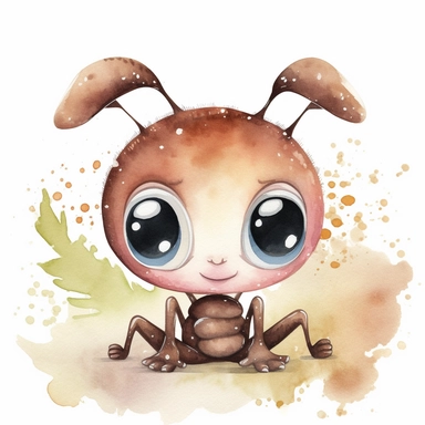 For your cute baby ant clipart, imagine a whimsical watercolor depiction of a small, chibi-style ant. The ant should be symmetrical and centered, with a round head and big, expressive eyes that are slightly spaced apart. The eyes should be drawn in a way that makes them appear friendly and curious, with a hint of mischief. The ant's face should be detailed, with tiny mouthparts and delicate antennae that curve upward. The ant's body should be plump and rounded, with six short legs that are sligh
