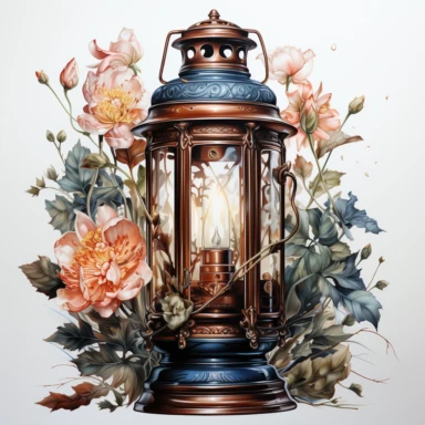 hyperrealistic ultra detailed watercolor clipart, floral fantasy lantern with a candle lit, white background, in the style of digital print, clipart, illustration, sticker, ultra high definition, rich details, 32K, HD