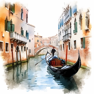 Gondola Ride Watercolor: A charming watercolor clipart of a traditional gondola floating on the serene waters of the canals in Venice, capturing the romantic essence of the city. (Watercolor, no background)