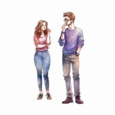 watercolor, Confused men and women in doubts and thoughts. Puzzled pensive people worry and think with serious thoughtful expressions. Uncertain characters. png Full body realistic cartoon in 32K UHD cute. 15 cm thick outline. Black color. There was no shadow on the ground. 8k with realistic watercolors and detailed illustrations. PNG clipart, transparent white background
