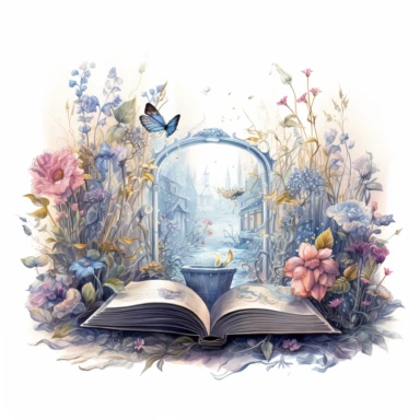 fantasy scene coming out of an open book, secret garden, florals, magical, watercolors, Clipart, pastel blue color theme