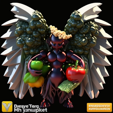 3D dark Angel Cartoon in the form of vegetables and fruits with many many wings and one halo clipart mascot , with a transparent background, 128K super mega pixel, insane detail, hyper-detailed, with huge details, UHD, 8K