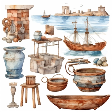 Watercolor roman harbour and ship and amphoras , illustrations clipart set, simple, , cartoon elements, different variants , iron elements, wooden elements, earthenware elements, separate elements with a margin