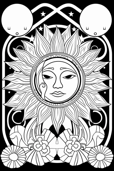 Simple Black and White coloring book page with, white background, white replaces all colors except outline of clipart sun moon combo