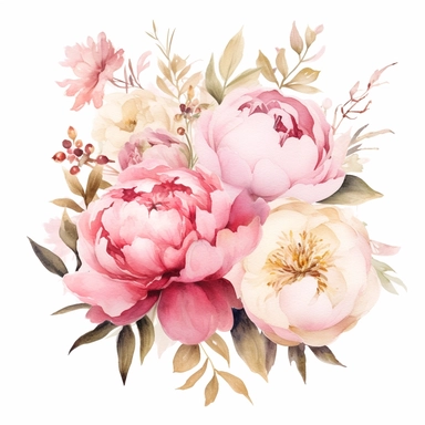 clipart, watercolor, peony, rose, pink, cream, white, gold foil floral, floral bouquets, white background