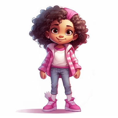 4 year old cartoon Pretty girl, cute cartoon white skinnned girl with medium lenght curly hair with a pink bow and brown eyes, wearing fuchsia t-shirt, pink coat, blue jeans and pink sneakers, smiling with her arms crossed. Pixar childrens book cartoon style, detailed, modern, urban, watercolor, full color, flat color, white background, children book illustration. Watercolor clipart. Pixar animation