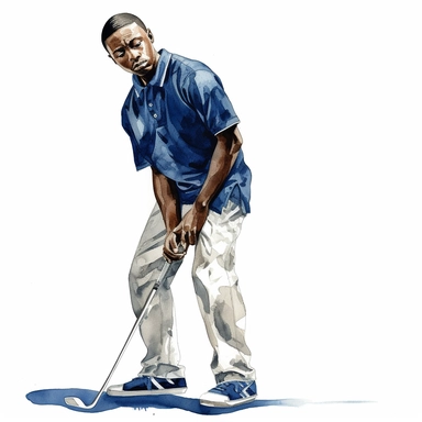 Idyllic watercolor clipart of a young modern African american male golfer in close fitting blue and white sports golf clothes standing with his putting club on the putting green, isolated on a pure white background, insane detail,