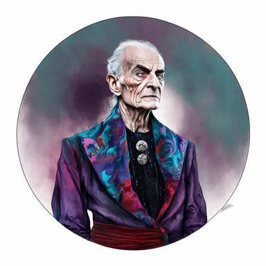 dignified strong elderly warrior in a smoking jacket, handpainted enamel punk fashion poster, clipart illustration, circle white background, circle border