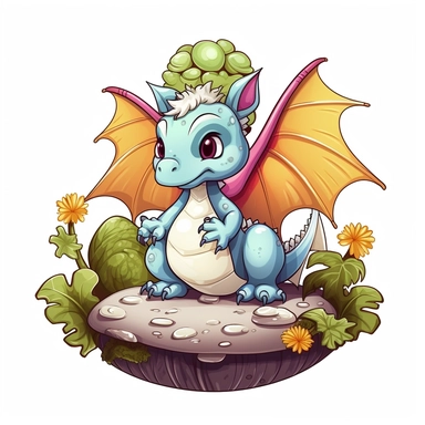 illustration of cute baby dragon in the forest, sitting on a mushroom, clipart svg, white background