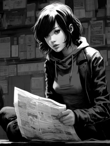 a newspaper clip art illustration for a beautiful anime girl, in the style of large-scale murals, dark palette chiaroscuro, movie poster, mori kei, captivating documentary photos