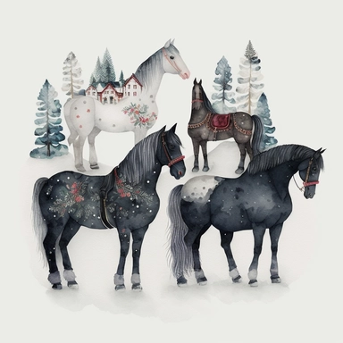 dark academia, horses, snow, fairytale, Christmas, swedish folk art, watercolor, white background, clipart