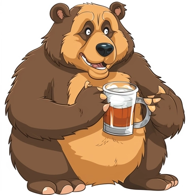 clipart of a bear drinking a big mug of beer on a white background