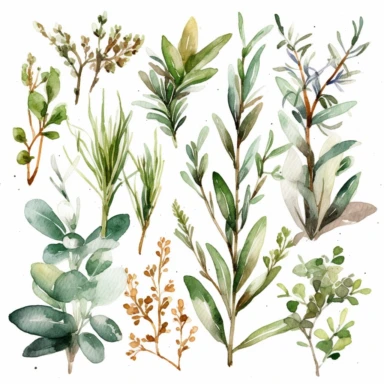 Generate watercolor clipart of kitchen herbs and spices, such as rosemary, basil, thyme, and cinnamon. Choose a color palette that is both soothing and appetizing to make the clipart stand out, white background