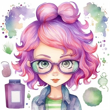 watercolour clipart of a girl , with pink or purple hair, green eyes, with glasses, the sweet and scatterbrained dreamer, with a great sense of humor. She immerses herself in the world of digital design, creating exquisite papers for scrapbook albums. Though she may often forget things, her delicate touch and gentle nature shine through her artistry, make her smile and exalted mood, white background, high quality, 8k, f1