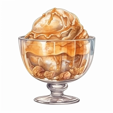 Watercolour of a toffee Ice Cream in a glass bowl , Clipart,Cartoon,hyper realistic, intricate detail isolated on a white background, high quality, sublimation, detailed, cartoon style