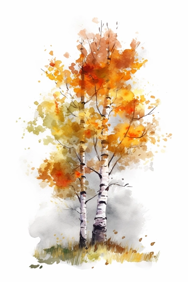 watercolor autumn Paper Birch tree, high details, high resolution, HDR, solid background, clipart