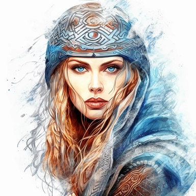 beautiful stunning pretty vintage viking woman blue eyes, in action, Axe, celtic ornament, valkirye, paint art style, clipart, white background, superrealistic, one of a kind