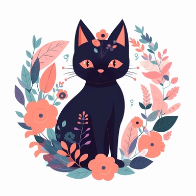 cartoon style cat, bright colored boho style flowers, silhouette vector flat simple identification symbol white backround white background minimalistic clipart png svg