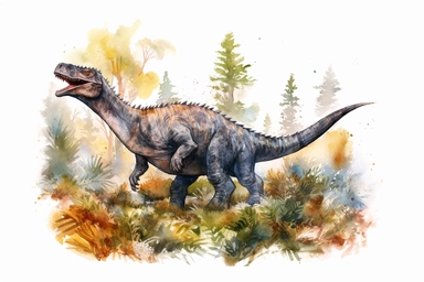 Watercolor, Depict the swift and agile movements of a Segnosaurus foraging for plants in a dense forest clipart, hd, on a white background, spaced out